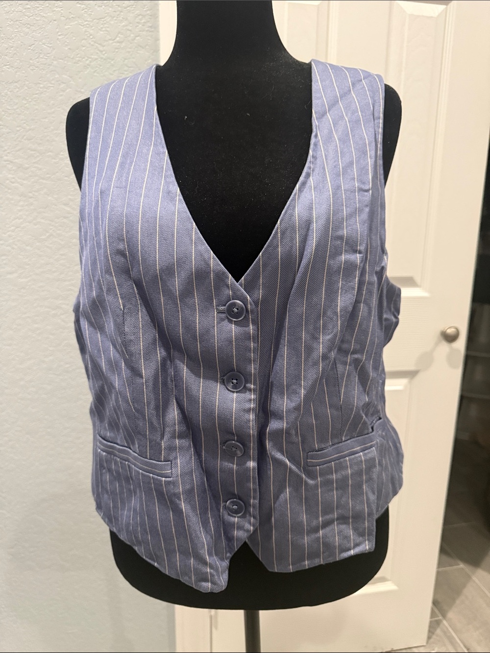 Express Blue and White Pinstripe Women's Vest - Sleeveless Tailored Look